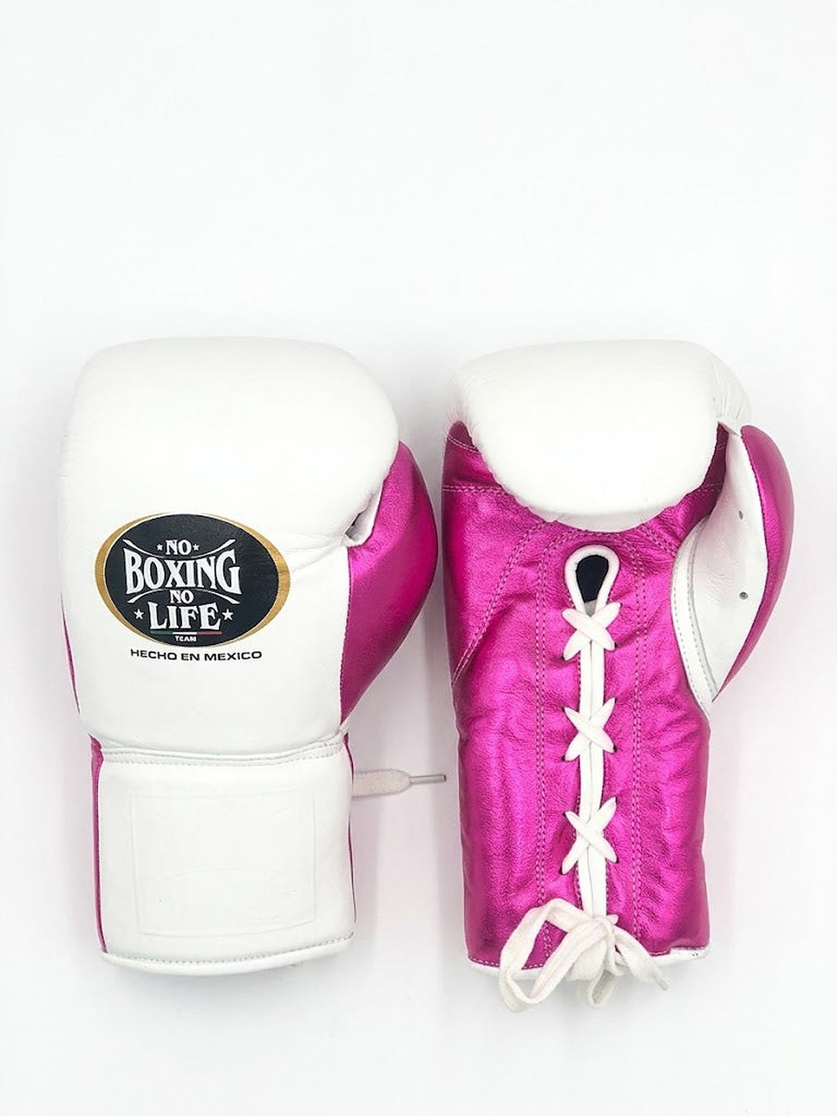 No Boxing No Life lace-up gloves, headgear and groin guard split between metallic fuchsia and white - palm and closure detail