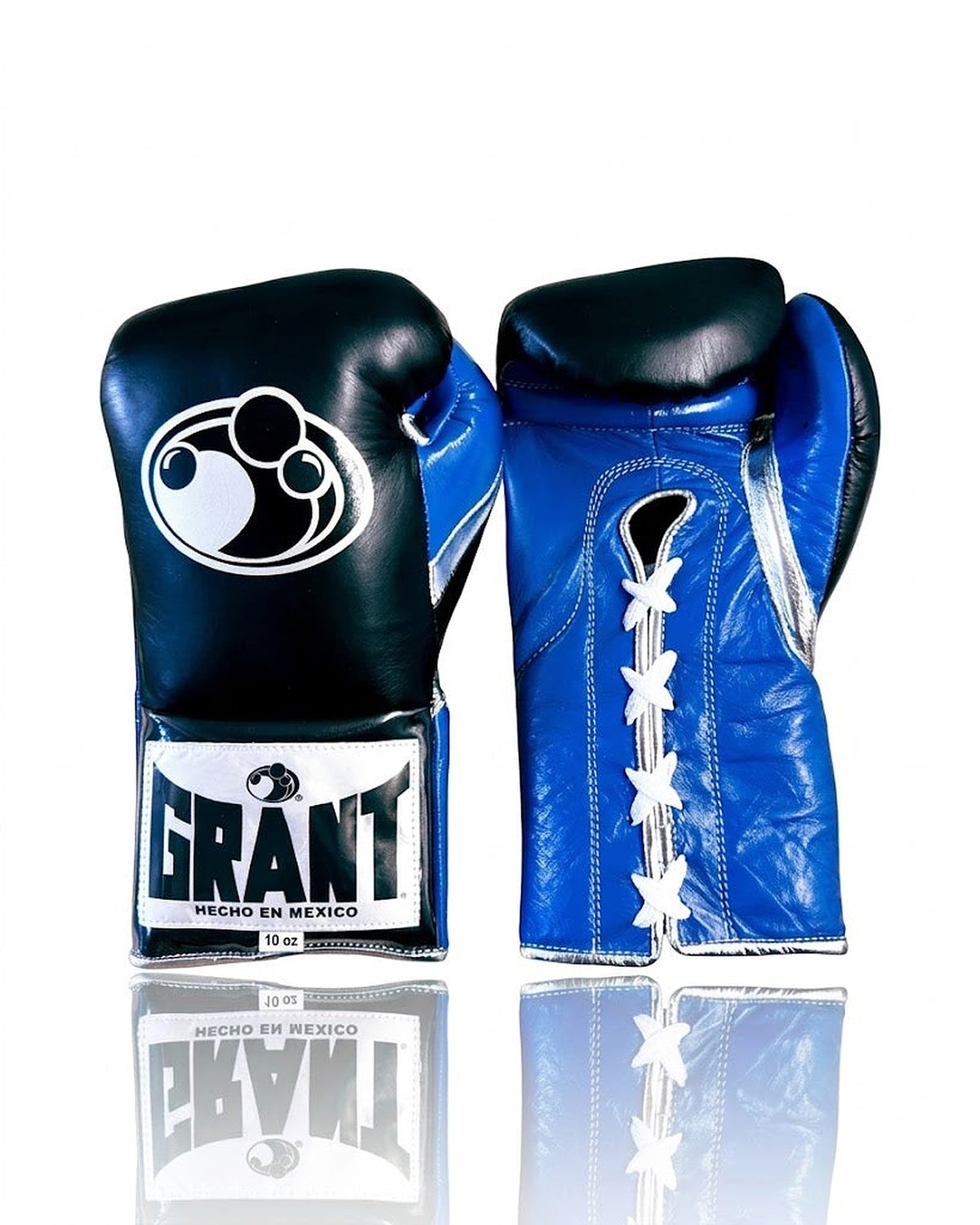 Grant boxing gloves with black back, royal blue palm and white laces running down the palm side