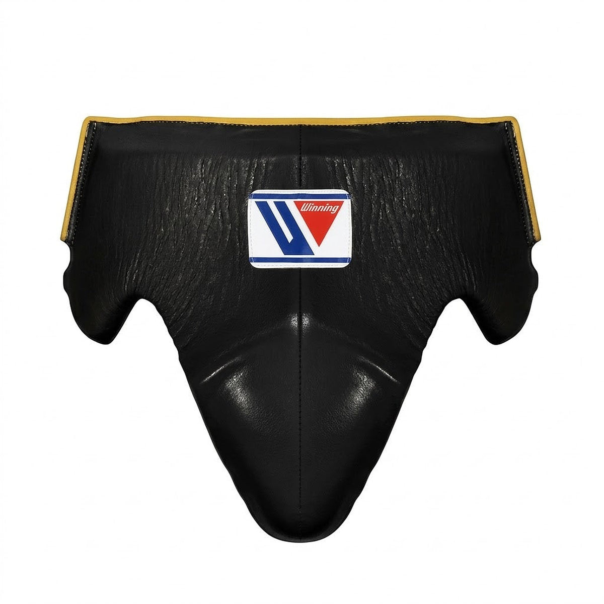 Winning black groin guard with yellow edge piping, wide waistband and padded cup, front view