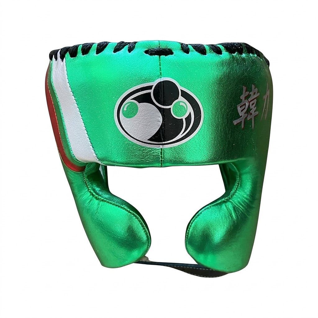 Grant metallic green lace-up boxing gloves and headgear with a red and white cuff band at the wrist - palm and closure detail