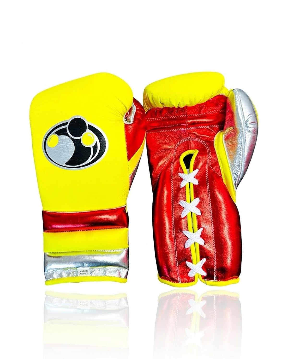 Grant boxing gloves with a yellow back, red palm, silver thumb and cuff band and white laces