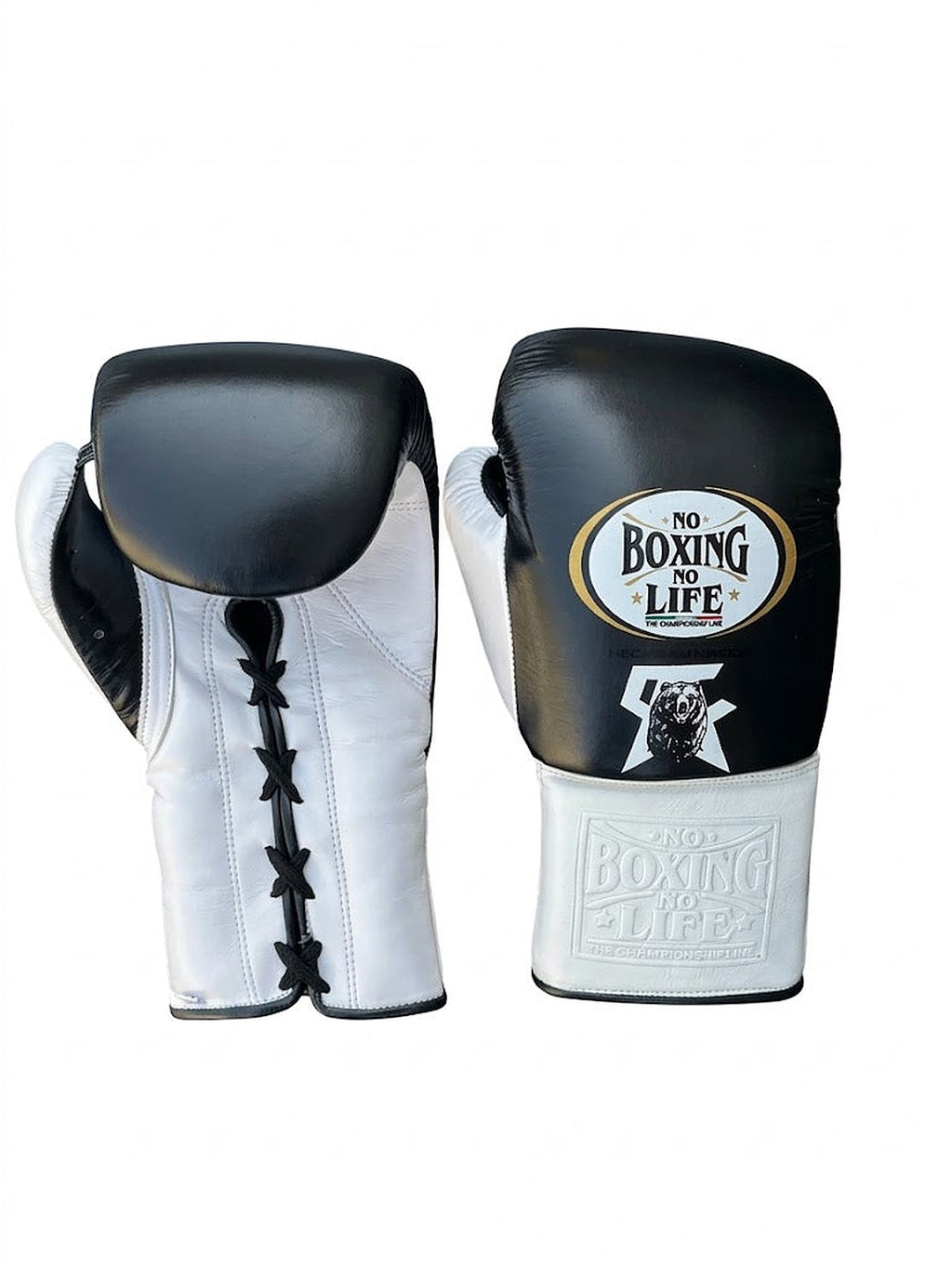 No Boxing No Life black lace-up gloves with silver cuff, white palm, white monogram and mascot logo - alternate angle