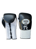 No Boxing No Life black lace-up gloves with silver cuff, white palm, white monogram and mascot logo - alternate angle