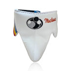 Grant cream white lace-up gloves, headgear and groin guard, rainbow striped cuffs and sample name - alternate angle