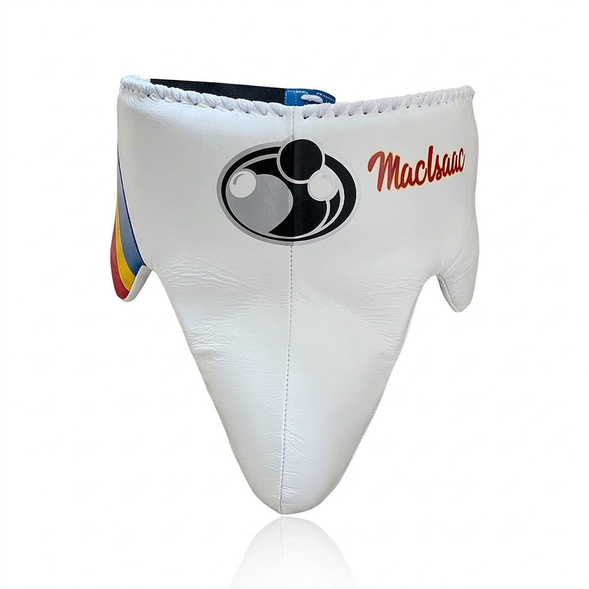 Grant cream white lace-up gloves, headgear and groin guard, rainbow striped cuffs and sample name - alternate angle