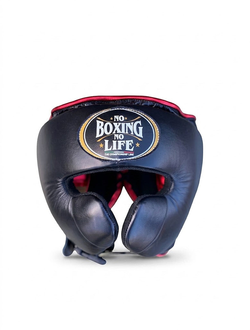 No Boxing No Life navy blue and metallic red lace-up gloves with matching headgear and groin guard - side view