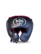 No Boxing No Life navy blue and metallic red lace-up gloves with matching headgear and groin guard - side view