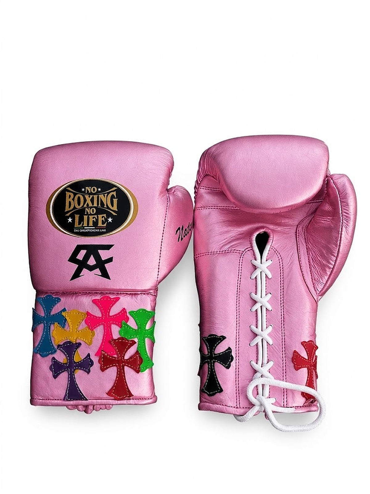 No Boxing No Life pink lace-up boxing gloves with multicolor cross patches and black monogram