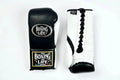 No Boxing No Life black lace-up boxing gloves with white palm and black laces at the wrist