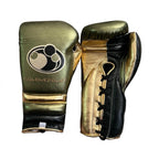 Grant metallic olive green lace-up gloves with black and gold palms, headgear and groin guard - palm and closure detail