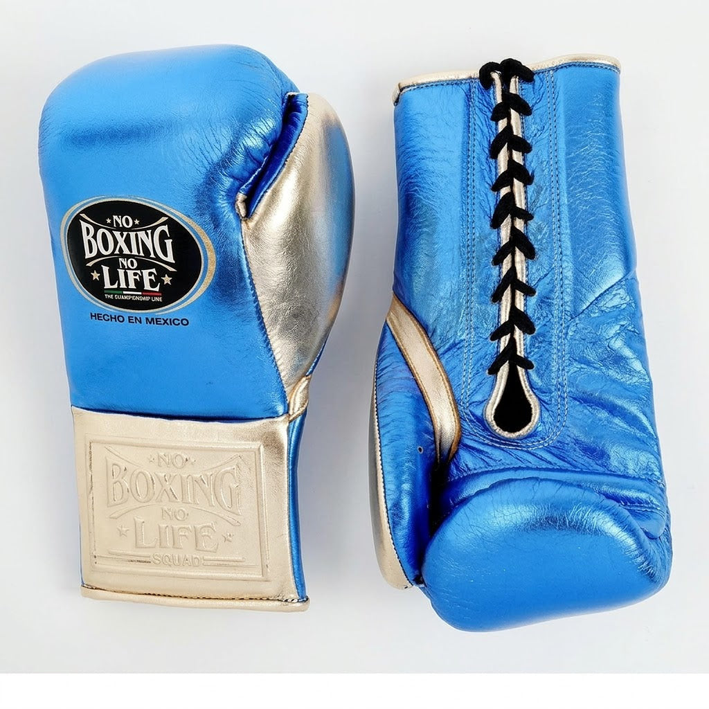 No Boxing No Life metallic sky blue lace-up gloves with champagne gold cuff and black laces