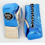 No Boxing No Life metallic sky blue lace-up gloves with champagne gold cuff and black laces