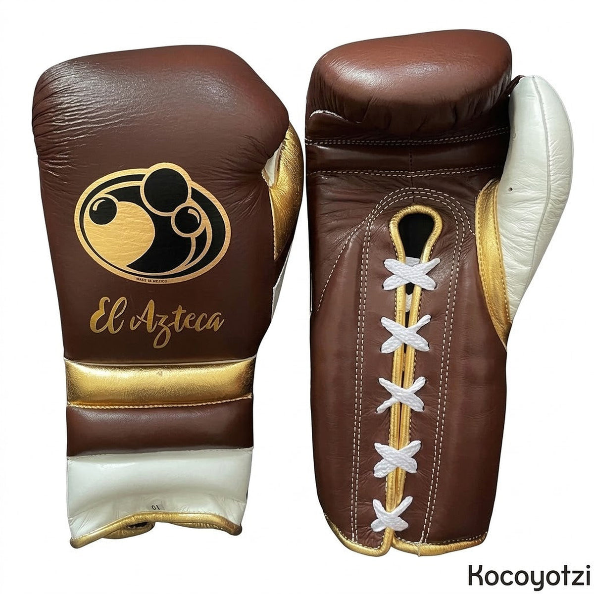 Grant chocolate brown boxing glove with gold cuff band, white thumb and sample El Azteca name print