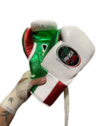 No Boxing No Life white boxing gloves with a green and red tricolor palm and lace-up closure - palm and closure detail