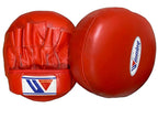 Winning solid red curved focus mitts with a deep padded striking face, pair shown from the front