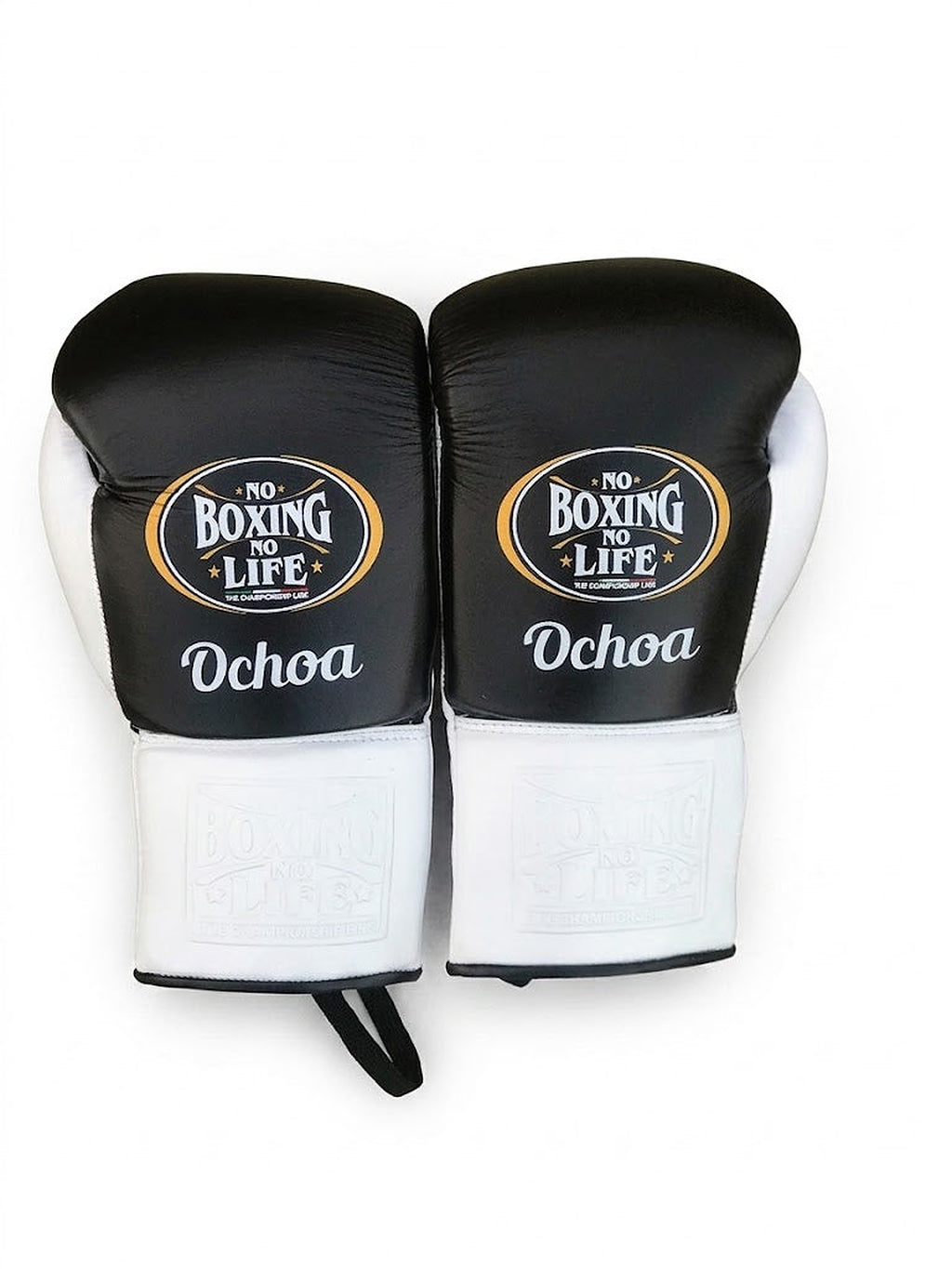 No Boxing No Life three-piece set split black and white: lace-up gloves, headgear and groin guard - palm and closure detail