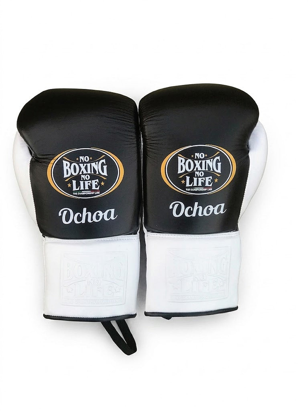 No Boxing No Life three-piece set split black and white: lace-up gloves, headgear and groin guard - palm and closure detail