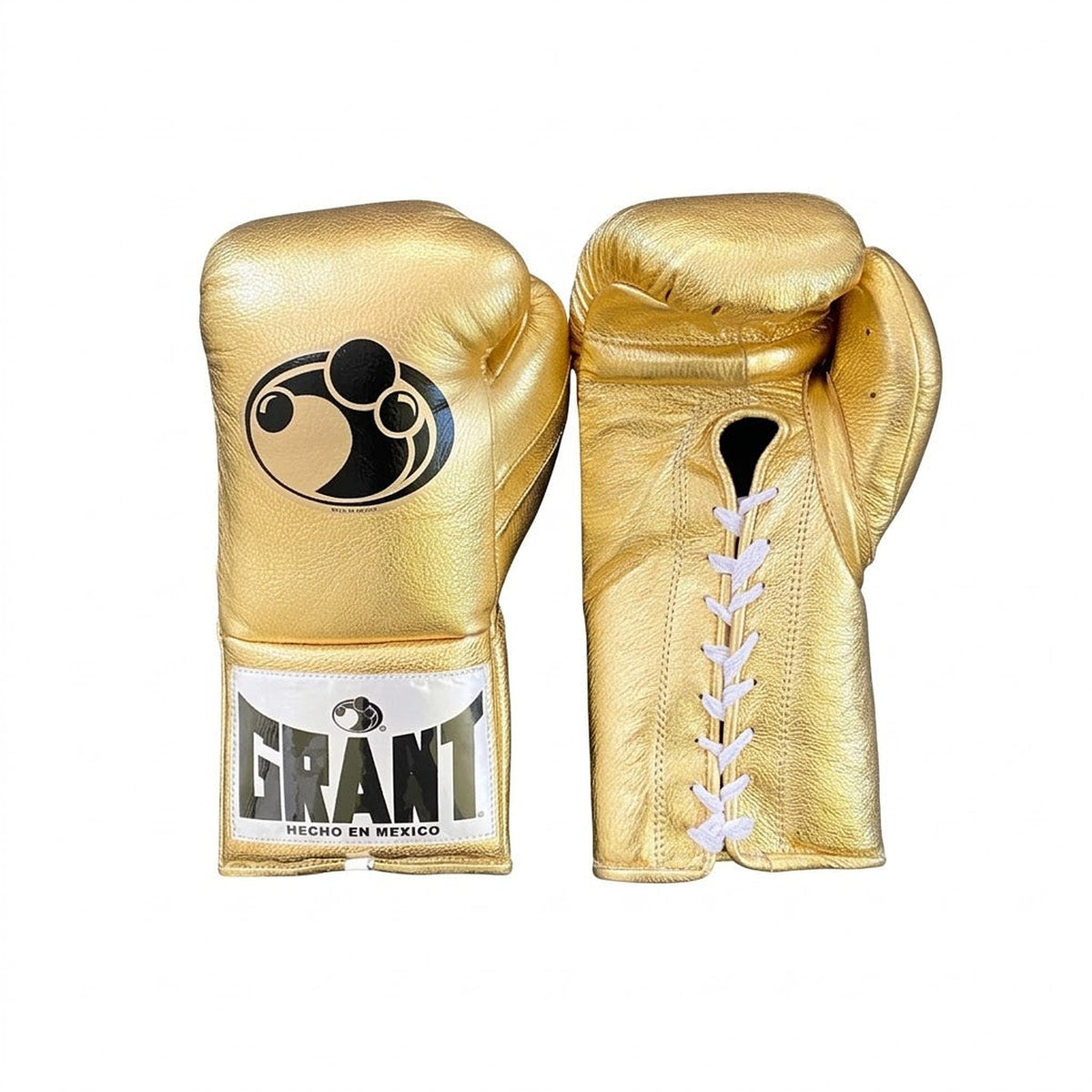 Grant boxing gloves finished in full metallic gold with white laces down the palm