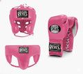 Cleto Reyes hot pink boxing set with white-laced gloves, cheek-protector headgear and groin guard