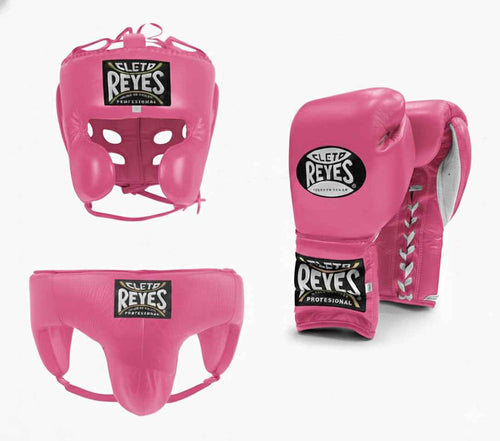 Cleto Reyes hot pink boxing set with white-laced gloves, cheek-protector headgear and groin guard