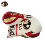 Grant lace-up boxing gloves with a cream back, red palm, white laces and sample ZU initials print - side view