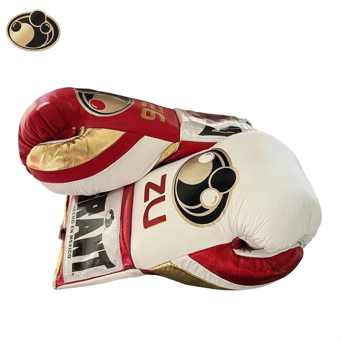 Grant lace-up boxing gloves with a cream back, red palm, white laces and sample ZU initials print - side view
