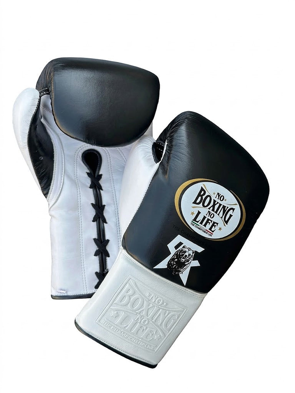 No Boxing No Life black lace-up gloves with silver cuff, white palm, white monogram and mascot logo - palm and closure detail