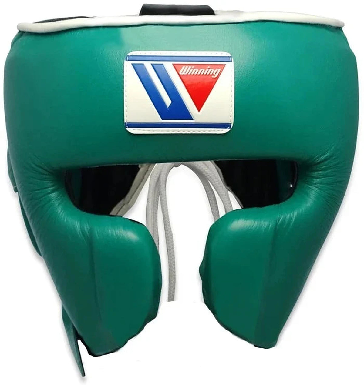 Winning boxing headgear in vivid emerald green with padded cheek protectors and an open front