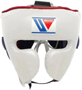 Winning white boxing headgear with a face bar across the front and navy and red trim along the edges