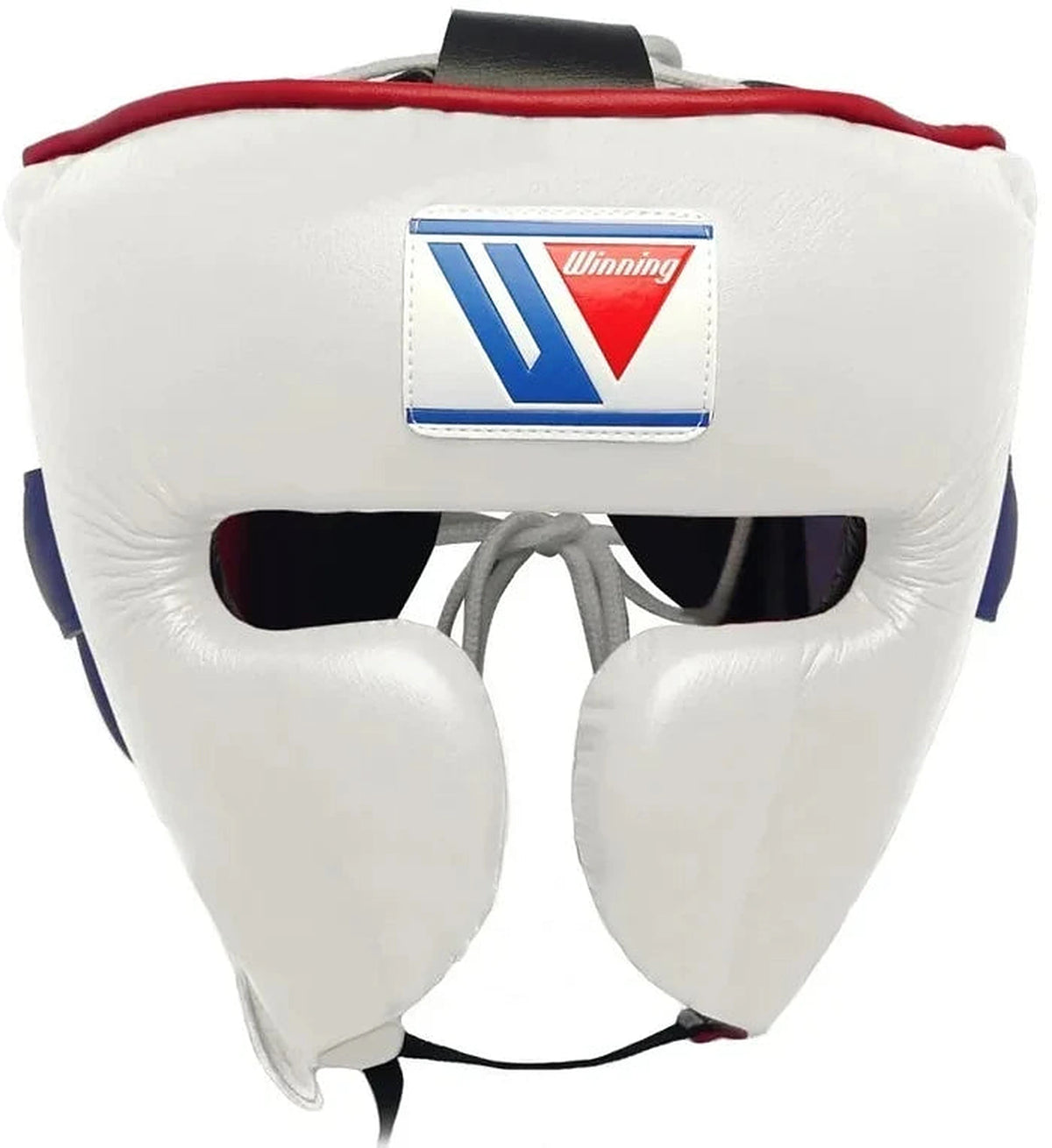 Winning white boxing headgear with a face bar across the front and navy and red trim along the edges