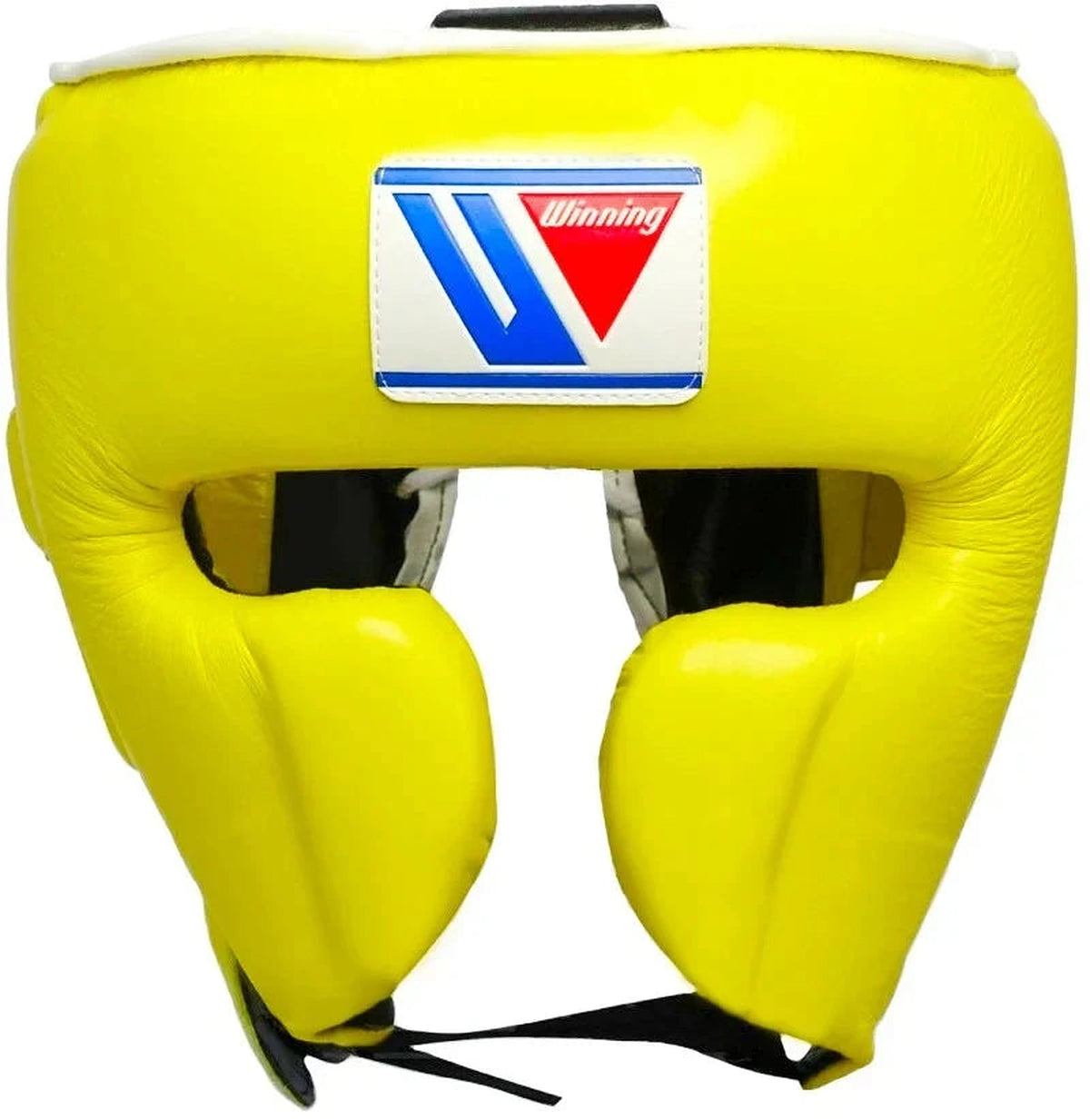 Winning bright yellow boxing headgear with padded cheek protectors and an open face, angled view