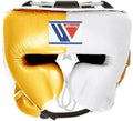 Winning cheek protector headgear split into a metallic gold half and a white half, side angle
