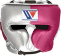 Winning headgear split into metallic silver and bright magenta halves with forward cheek protectors