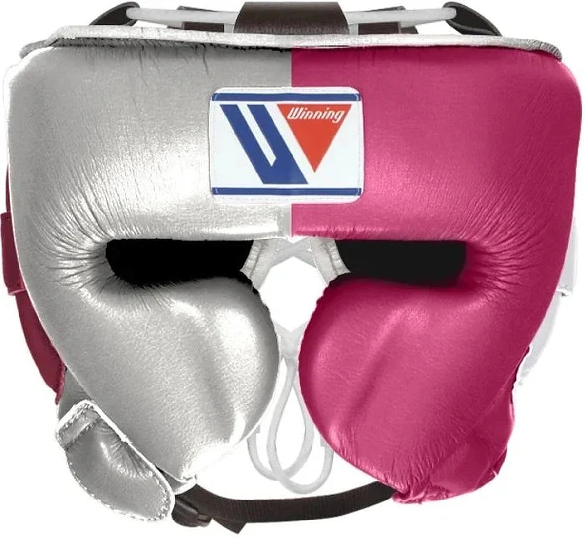 Winning headgear split into metallic silver and bright magenta halves with forward cheek protectors