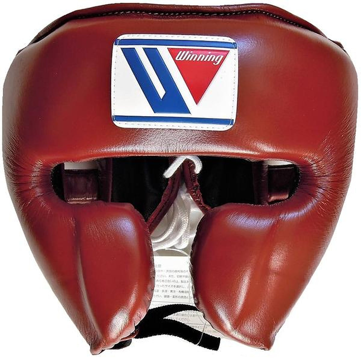 Winning cheek protector headgear in deep maroon burgundy with an open face, viewed at an angle