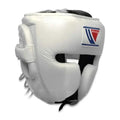 Winning all-white boxing headgear with forward cheek protectors wrapping around the sides of the face