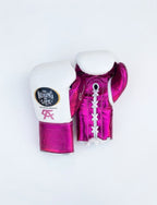 No Boxing No Life lace-up boxing gloves with white back and metallic fuchsia pink palm and cuff - palm and closure detail