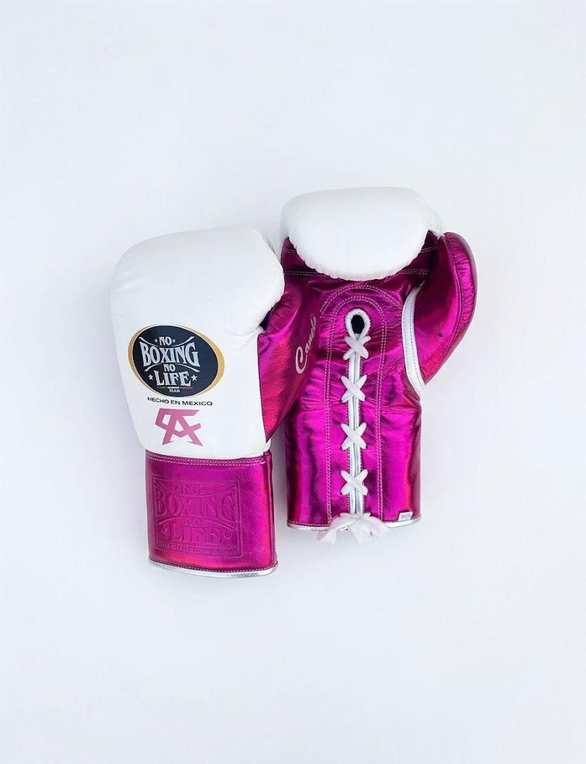 No Boxing No Life lace-up boxing gloves with white back and metallic fuchsia pink palm and cuff - palm and closure detail