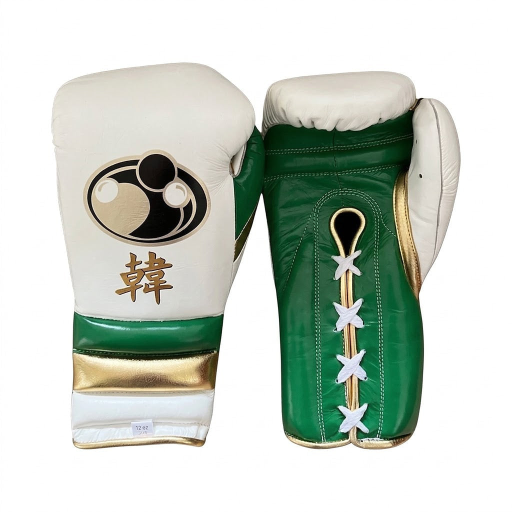 Grant white lace-up gloves and headgear with gold and green trim and a decorative character print - side view