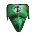 Grant metallic green lace-up boxing gloves with gold palms, plus green headgear and groin guard - palm and closure detail
