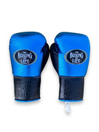 No Boxing No Life lace-up boxing set split black and metallic royal blue, with headgear and groin guard - side view