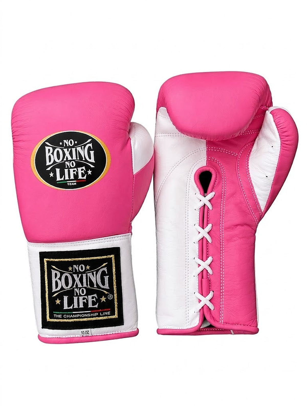 No Boxing No Life lace-up boxing gloves with a hot pink back, white palm and a black patch on the cuff