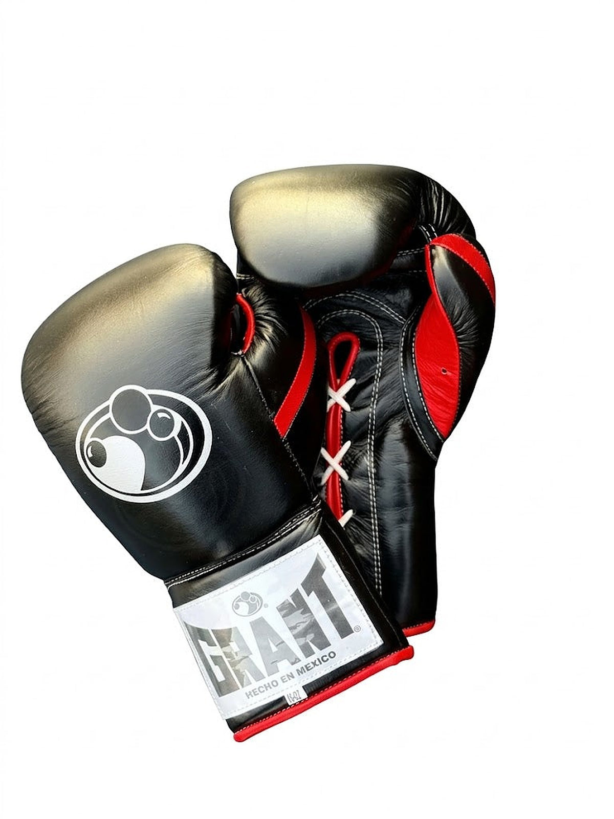 Grant all-black lace-up boxing gloves with red laces down the palm and red inner lining visible - palm and closure detail