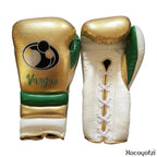Grant metallic gold lace-up gloves, headgear and groin guard trimmed in green and white along the edges - side view