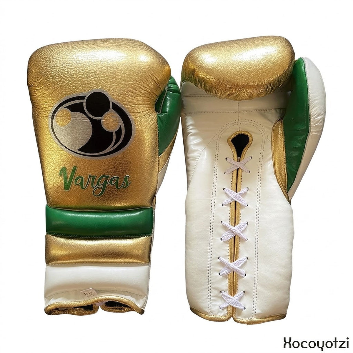 Grant metallic gold lace-up gloves, headgear and groin guard trimmed in green and white along the edges - side view