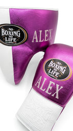 No Boxing No Life lace-up gloves and headgear split metallic purple and cream, sample ALEX name print - side view