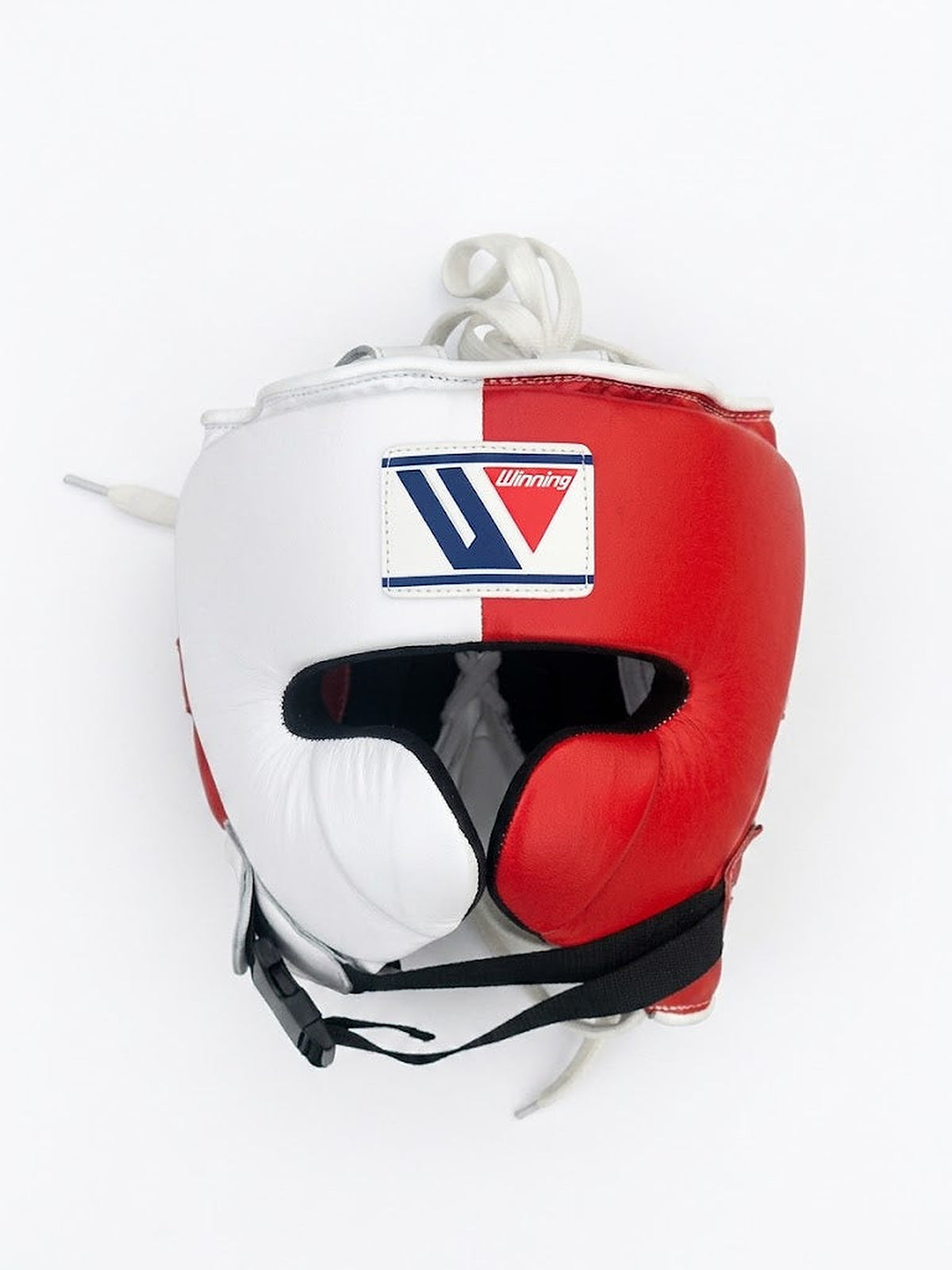 Winning red and white split boxing set with lace-up gloves, headgear and groin guard, W triangle logo - alternate angle