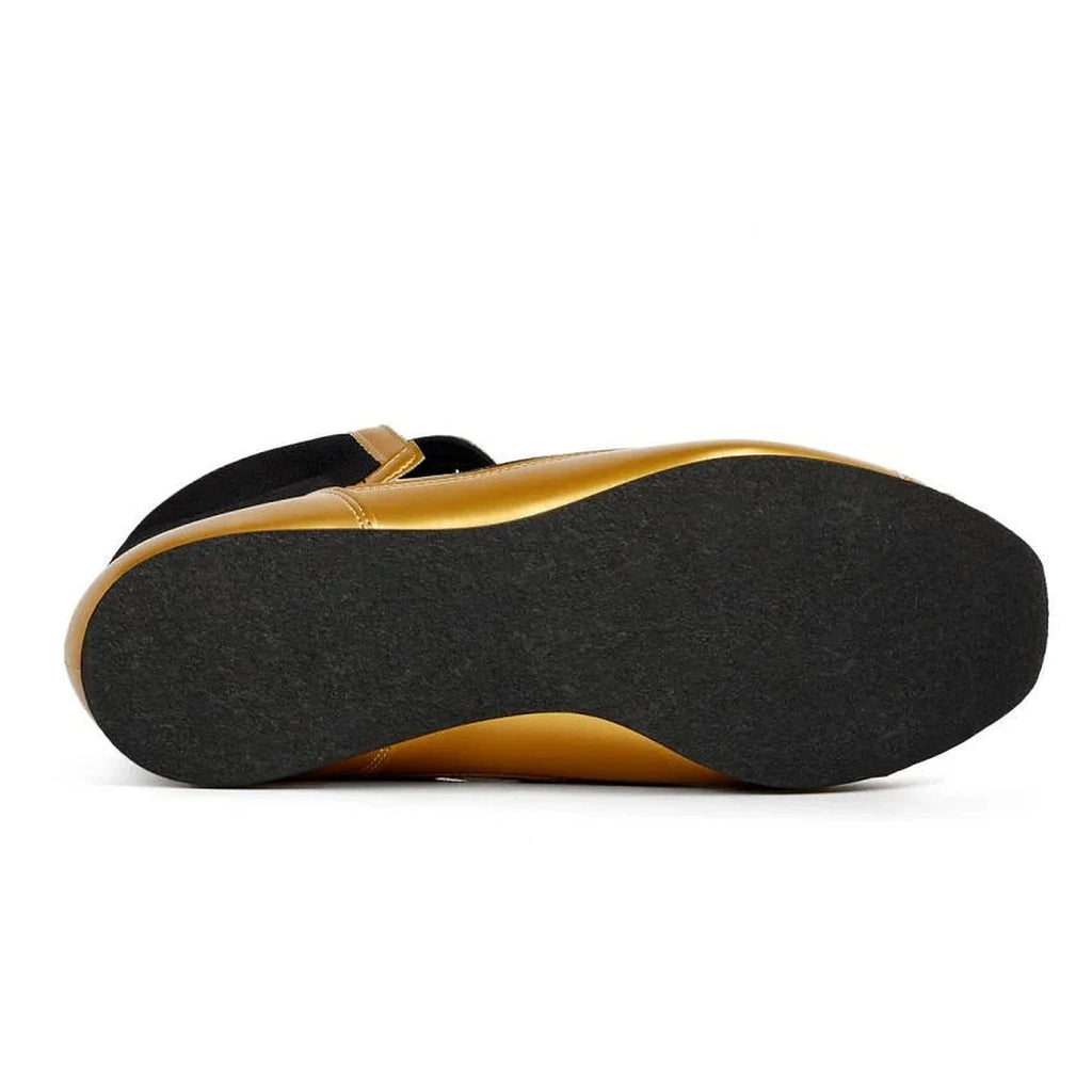 Winning RS-003 black and gold boxing shoe angled to show black laces and mesh upper