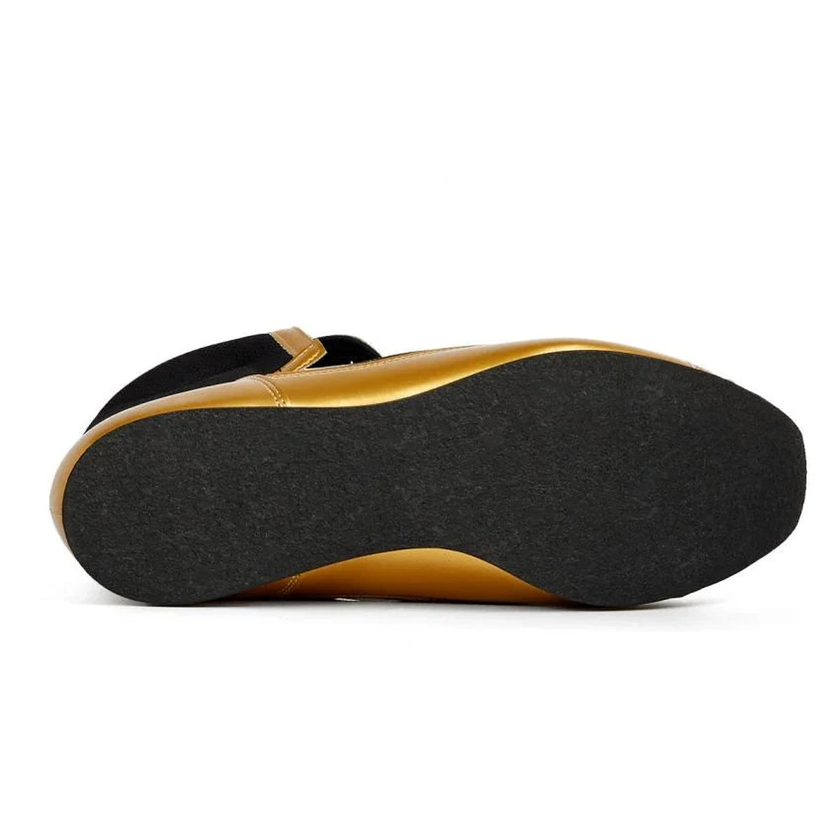 Winning RS-003 black and gold boxing shoe angled to show black laces and mesh upper