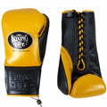 No Boxing No Life yellow boxing gloves with black palm, black cuff and black laces at the wrist
